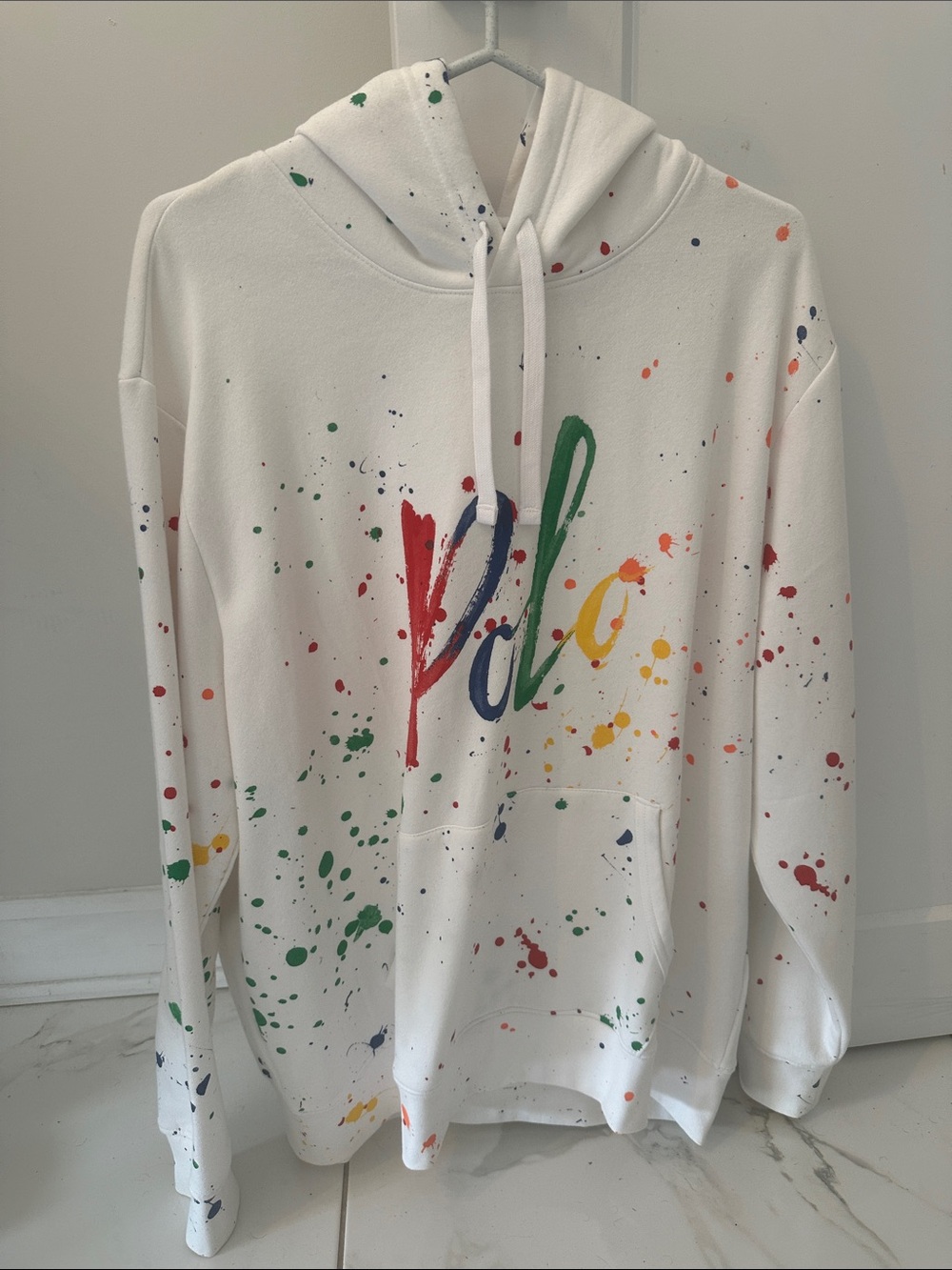 Ralph Lauren White Paint-Splash Hoodie w/ Multicolor Logo- Size XL - Worn Once!